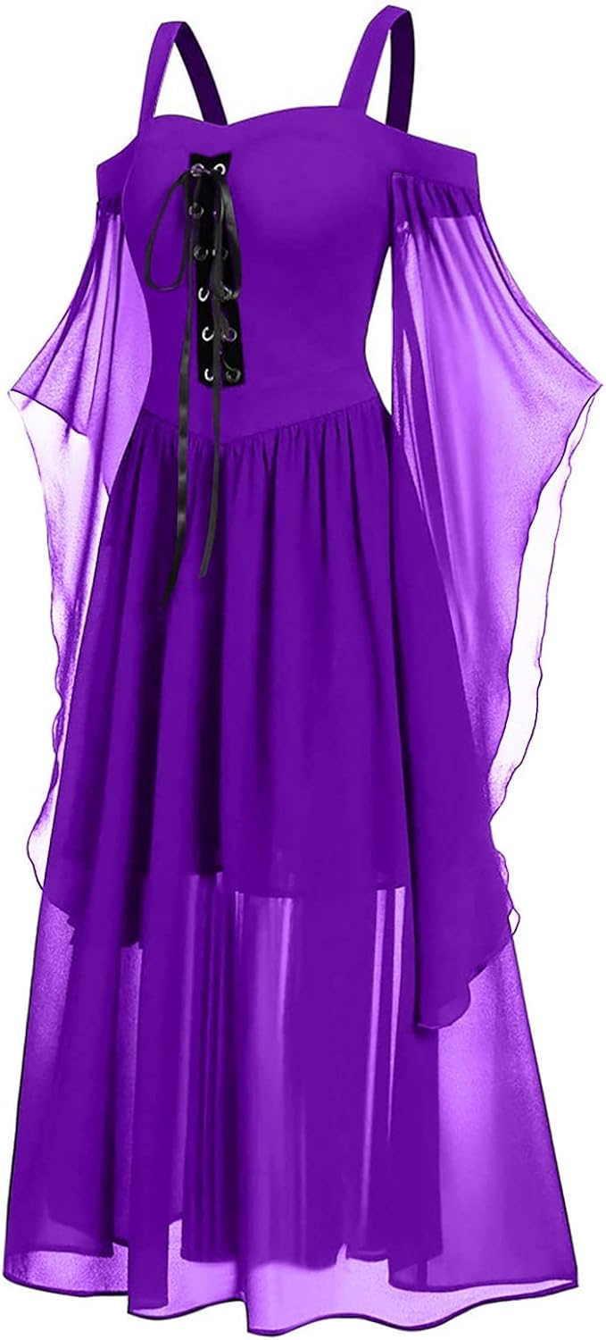 Generic Halloween Costumes for Women 2024 Cold Shoulder Fairy Dress Chiffon Vintage Dress Flare Shoulder Renaissance Dress Purple, 5X-Large
