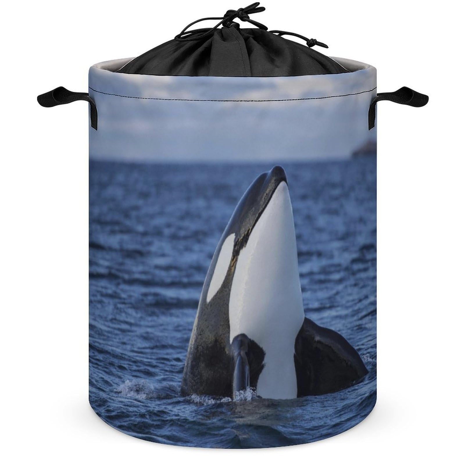 Wlntrophic Drawstring Laundry Hamper, Killer Whales Orca Laundry Basket, Washing Basket with Handle
