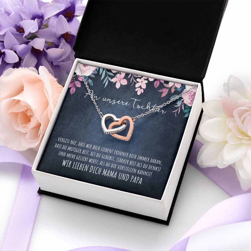 An meine Tochter Vergiss nie Doppelherz Karabiner Halskette mit personalisierter Karte und Geschenk- Box Kette mit Zirkonia zum Geburtstag Weihnachten