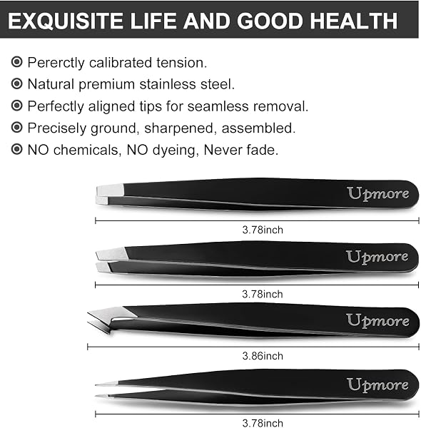 Upmore 4x Pinzette Set Edelstahl - Schwarz Augenbrauenpinzette Set Schere Pinzette, Gerade Schräge Spitze Zupfpinzette Splitterpinzette Spitzpinzette für Frauen und Männer - 3