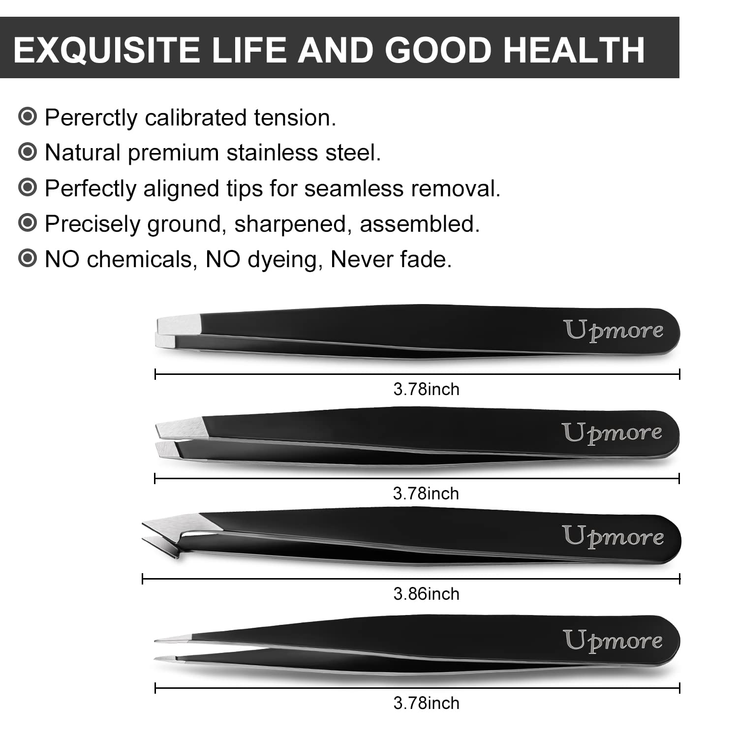 Tweezers Set, 4 pcs Professional Stainless Steel Tweezers, Eyebrow Tweezer Set with Travel Case for Eyebrows, Facial Hair, Ingrown Hair, Splinter and Blackhead (Black)…