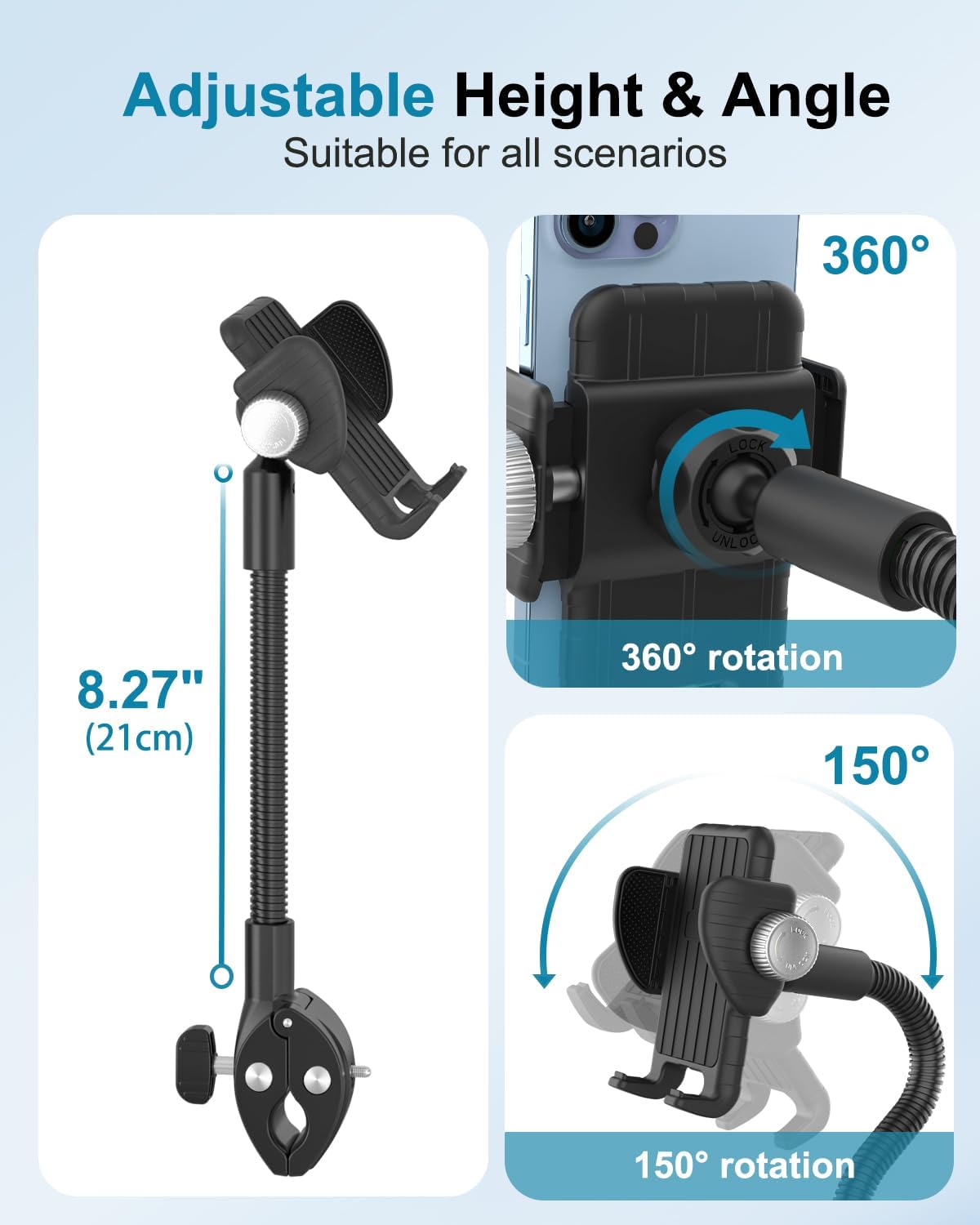 Gooseneck Phone Holder Mount for Wheelchair/Stroller/Boat/Treadmill/Spin Bike/Mic Stand, Cell Phone Handlebar Clamp with Adjustable Arm for iPhone 16 Pro Max, Galaxy, All 4-7" Smartphone
