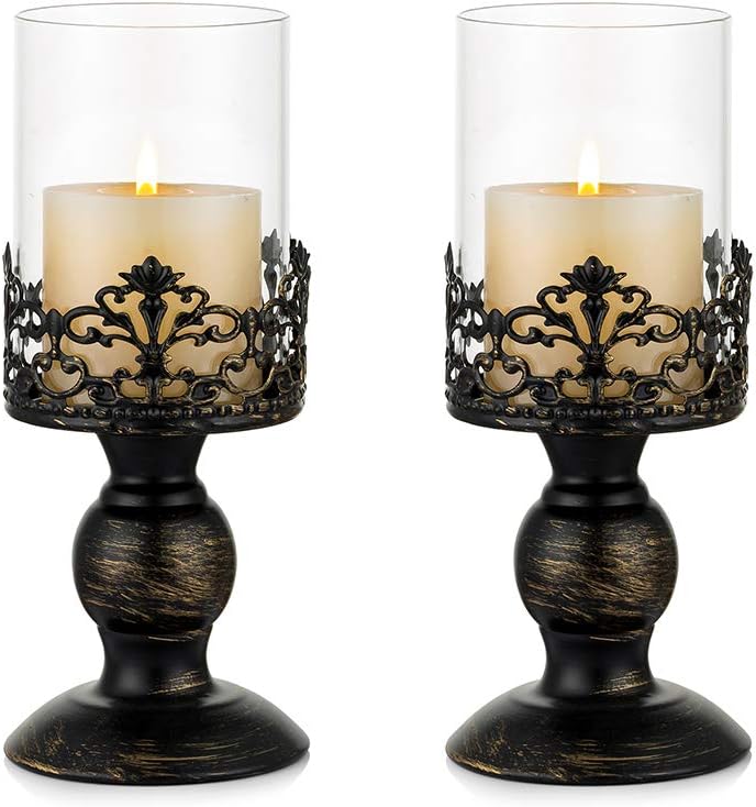 Sziqiqi Vintage Distressed Black Hurricane Candle Holders Set of 2, Versatile Metallic Pedestal Glass Floral Centerpiece Base for Wedding Party Home Fireplace Mantel Decoration 10.6in & 13in : Home & Kitchen