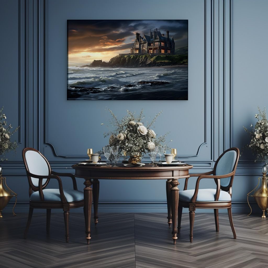 Canvas for Living room. Gothic Grandeur on the Precipice: A Majestic Mansion's Stormy Seaside Standoff, 27 x 18 inch Canvas Wall Art - Ready to Hang - 69x46 cm (27x18 inch)