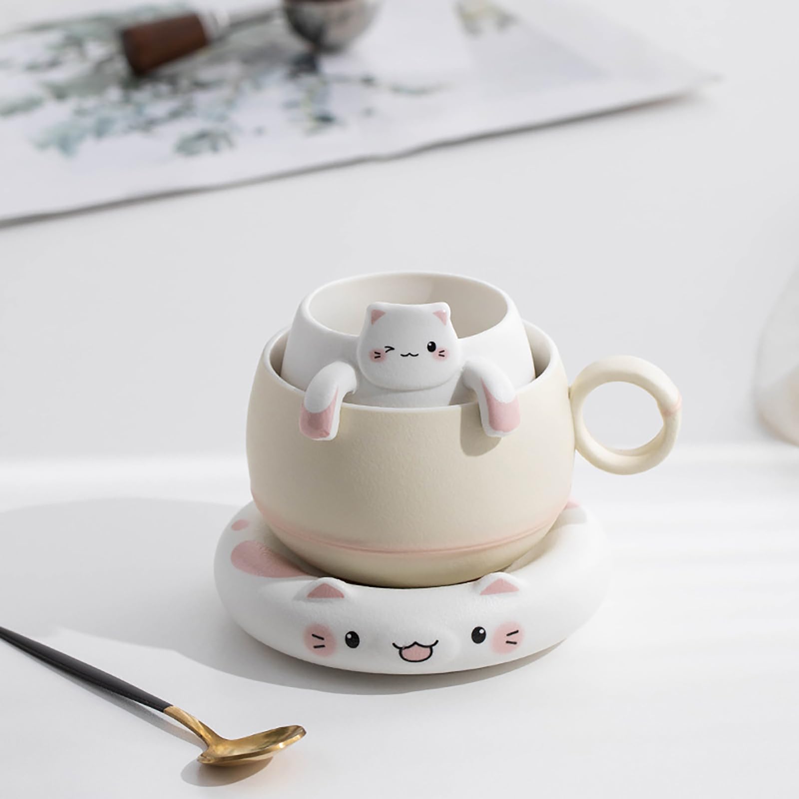 Tazza con infusore per tè, tazza da tè con infusore e coperchio, ideale per tè sfuso, tazza da tè con gatto della fortuna, tazza da tè in ceramica, tazze da caffè creative