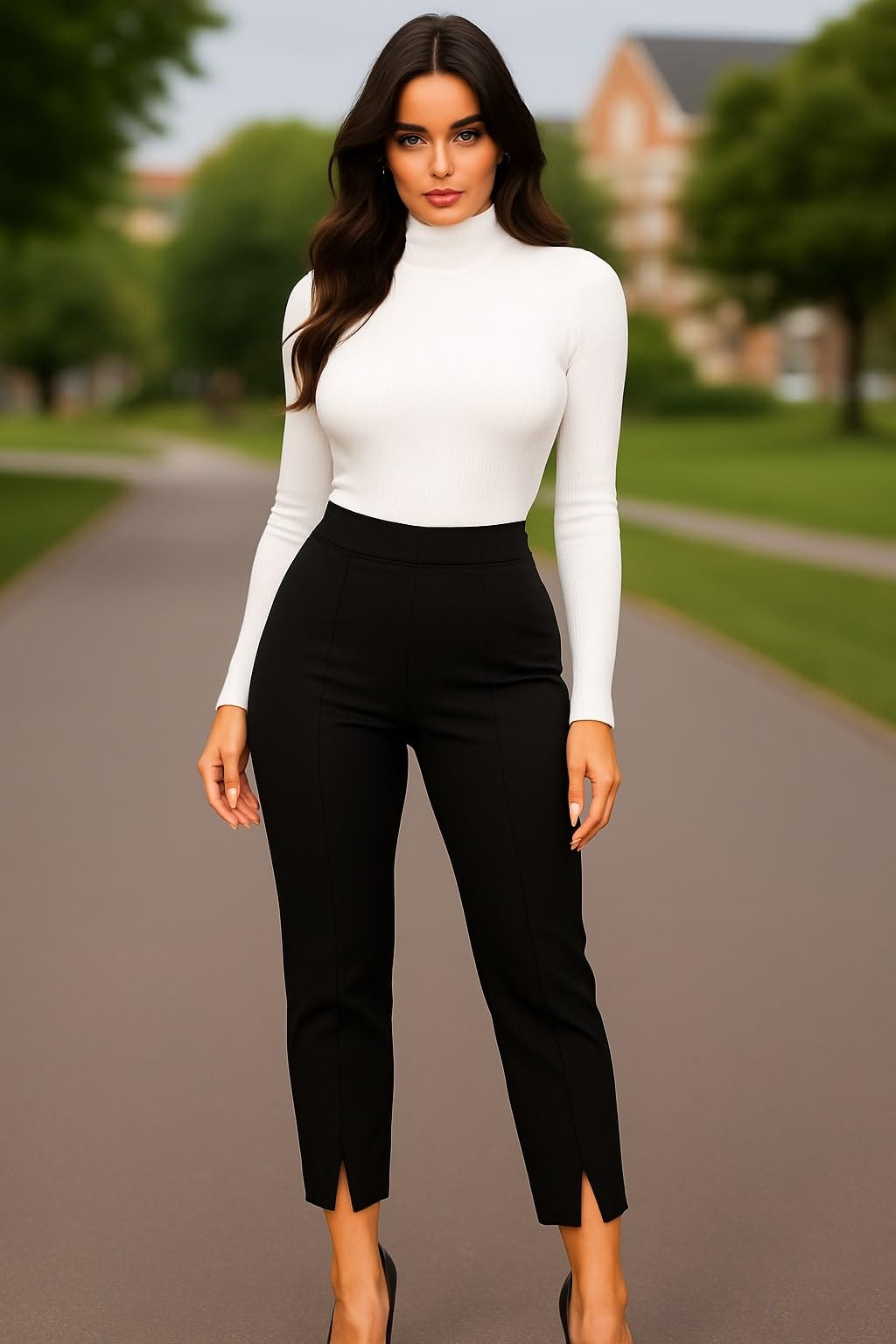 swadesi stuff Women High-Waisted Bell Bottom Trousers, Black Lycra Blend, Slim Fit Flared Pants with Pockets-picture-32