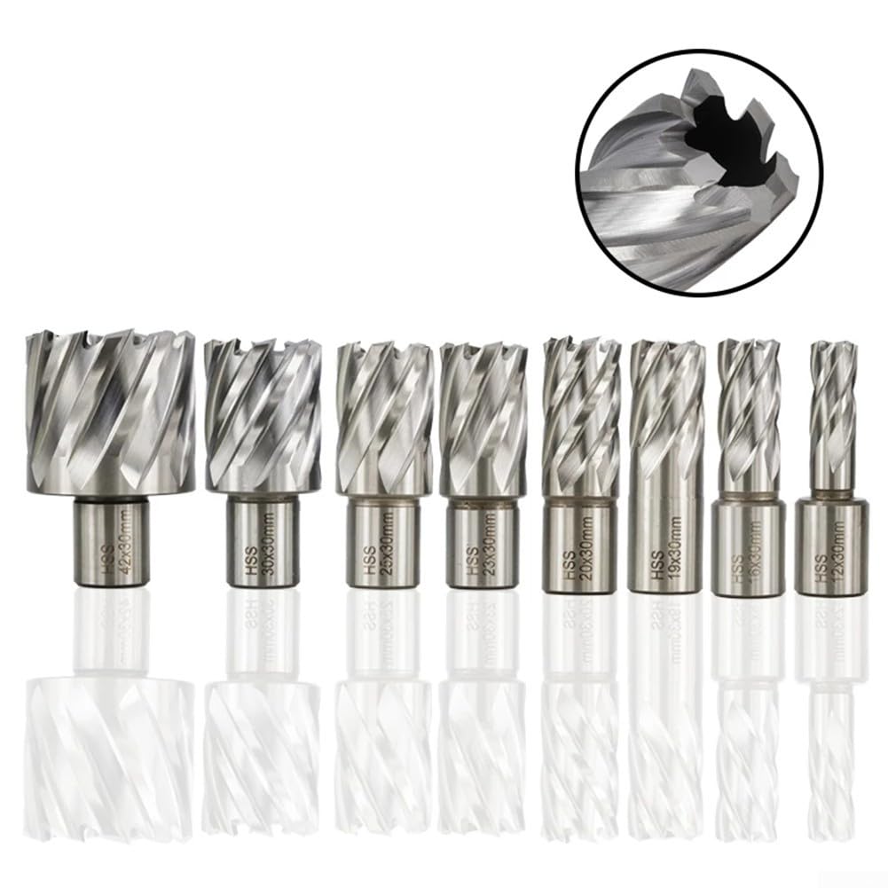 Fraise annulaire HSS en métal - Foret creux - Kit de forets magnétiques en acier rapide avec poignée plate - 12 x 30 mm