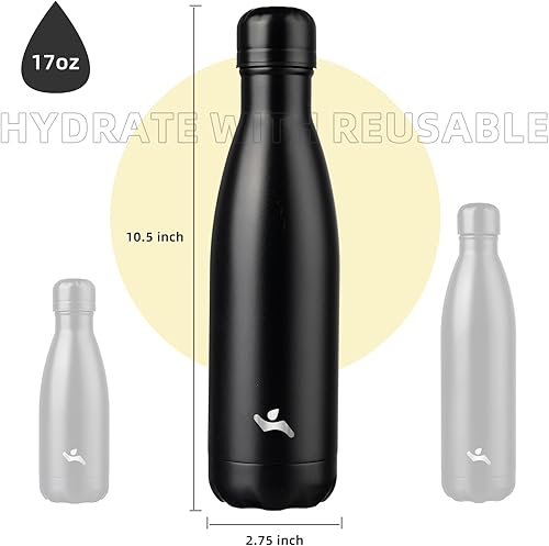 Miniatura 3 de Botellas de agua aisladas, 17 onzas, doble pared de acero inoxidable, termo de metal Vacumm para viajes deportivos, negro medianoche
