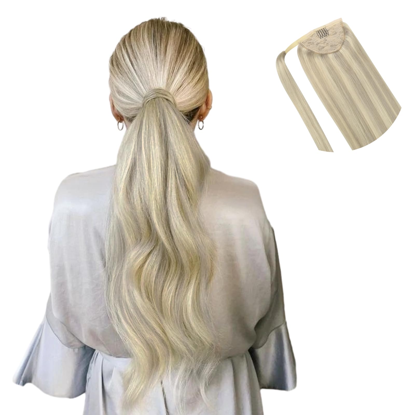 HOTBANANA Ponytail Extension, 14 Inch Human Hair Clip in Wrap Around Ponytail Hair Piece Ash Blonde Highlighted Platinum Blonde Long Straight Remy