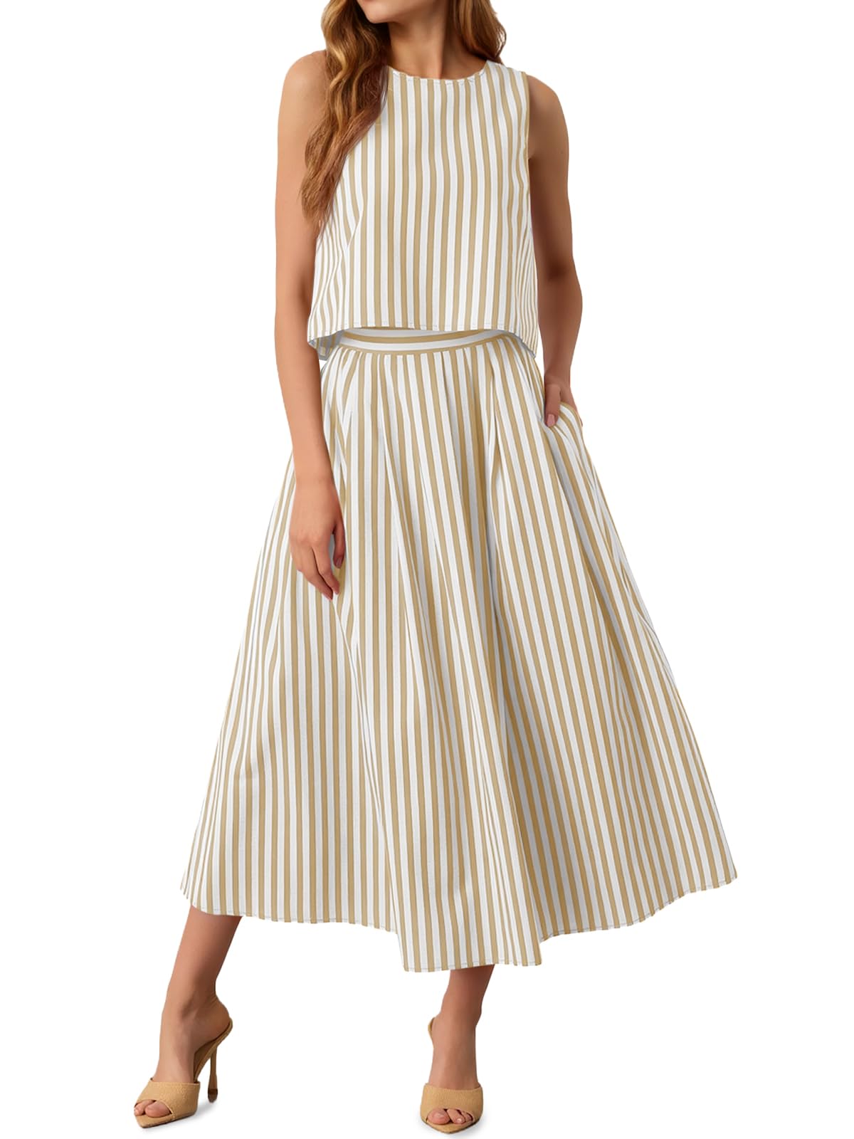 Tankaneo Womens 2 Piece Skirt Sets Summer Striped Tank Tops Midi Dress 2026