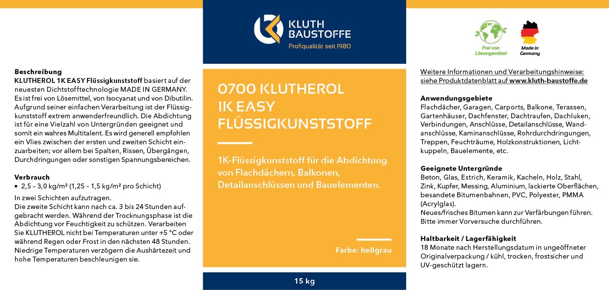 Flüssigkunststoff 1K KLUTHEROL Easy Abdichtung - 4KG zur Abdichtung von Flachdächer, Balkone, Detailanschlüsse und Bauelemente
