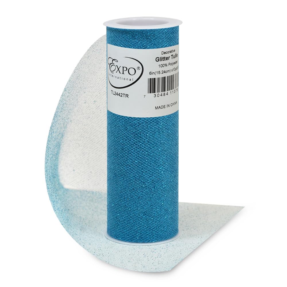 Expo International Decorative Glitter Tulle, Roll/Spool of 6” X 10 Yards, Lightweight Polyester Tulle Fabric for Costumes, Wedding, and Party Decorations, Washable, Easy-to-Use, Turquoise