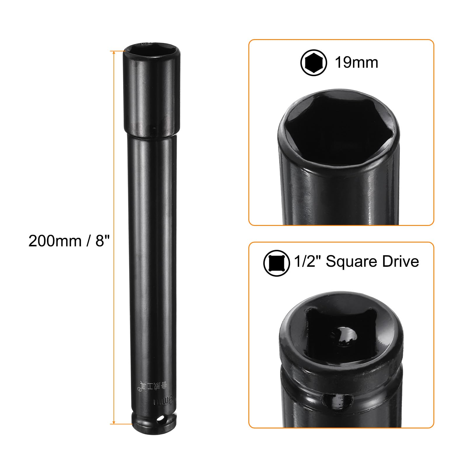 QUARKZMAN Llave de Impacto Profundo de 1/2" Cuadrada Por 19Mm Métrica 6 Puntos 200Mm (8") de Largo Extra de Acero Al Carbono para Automóviles, Reparación de Tuercas Y Pernos, Color Negro