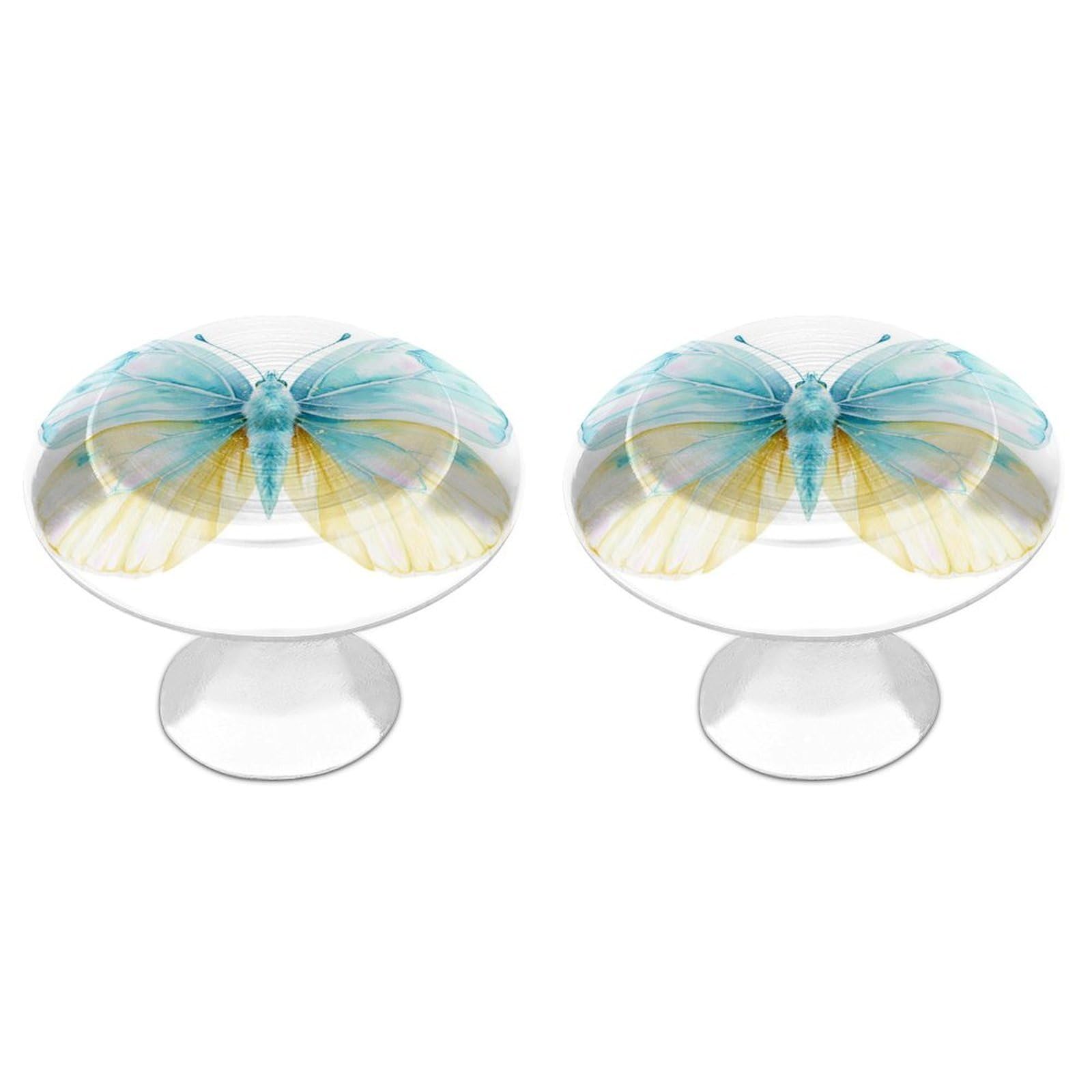 Jubonexis Butterfly with Pale Blue and Lemon Yellow Wings Round Drawer Cabinet Knobs Handles with Screws,2 Pcs, Drawer Dresser Knob Pulls Decor for Wardrobe Cupboard Home Office Kitchen