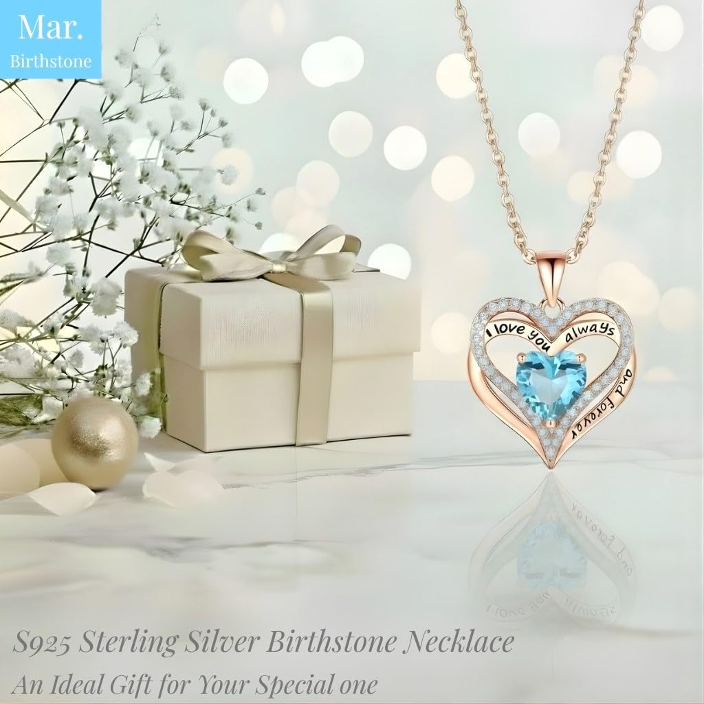 Birthstone Heart Necklace for Women, S925 Sterling Silver Rose Gold Pendant, Jewelry Gift for Wife, Girlfriend, Mom, Daughter, Anniversary Birthday Valentine’s Day - Image 3
