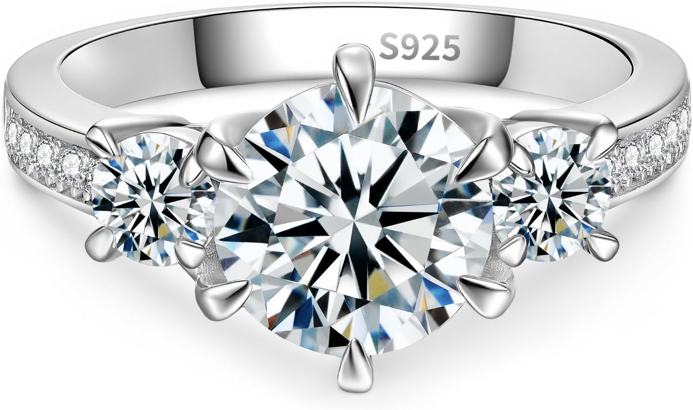 Total 2.72cttw(2CT Center Stone) Moissanite Engagement Ring, Thickened 925 Sterling Silver Band, Round 3 Stones D Color VVS1, Wedding Promise Ring with Certificate, Ideal Gift for Women