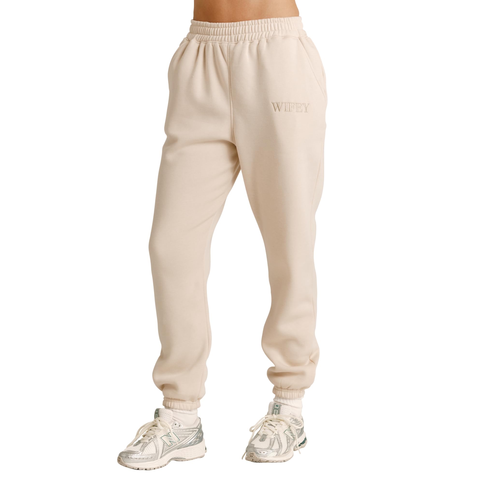 Six Stories | Wifey Sweatpants in Champagne | Brushed Fleece Women Joggers | Cozy Cotton Embroidered Lounge Pants | Ideal for Travel, Engagements, Bridal Showers & Bachelorette Parties | Small