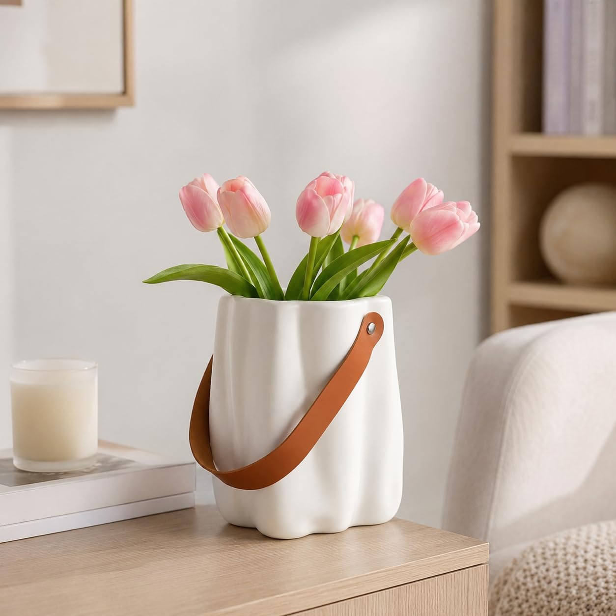 Plastic Flower Vase for Home Decor, White Vase with Handle, Lightweight Decorative Vase for Living Room, Bedroom, Table, Shelf & Office Decor, Only Vase (No Flowers Included)-image-21