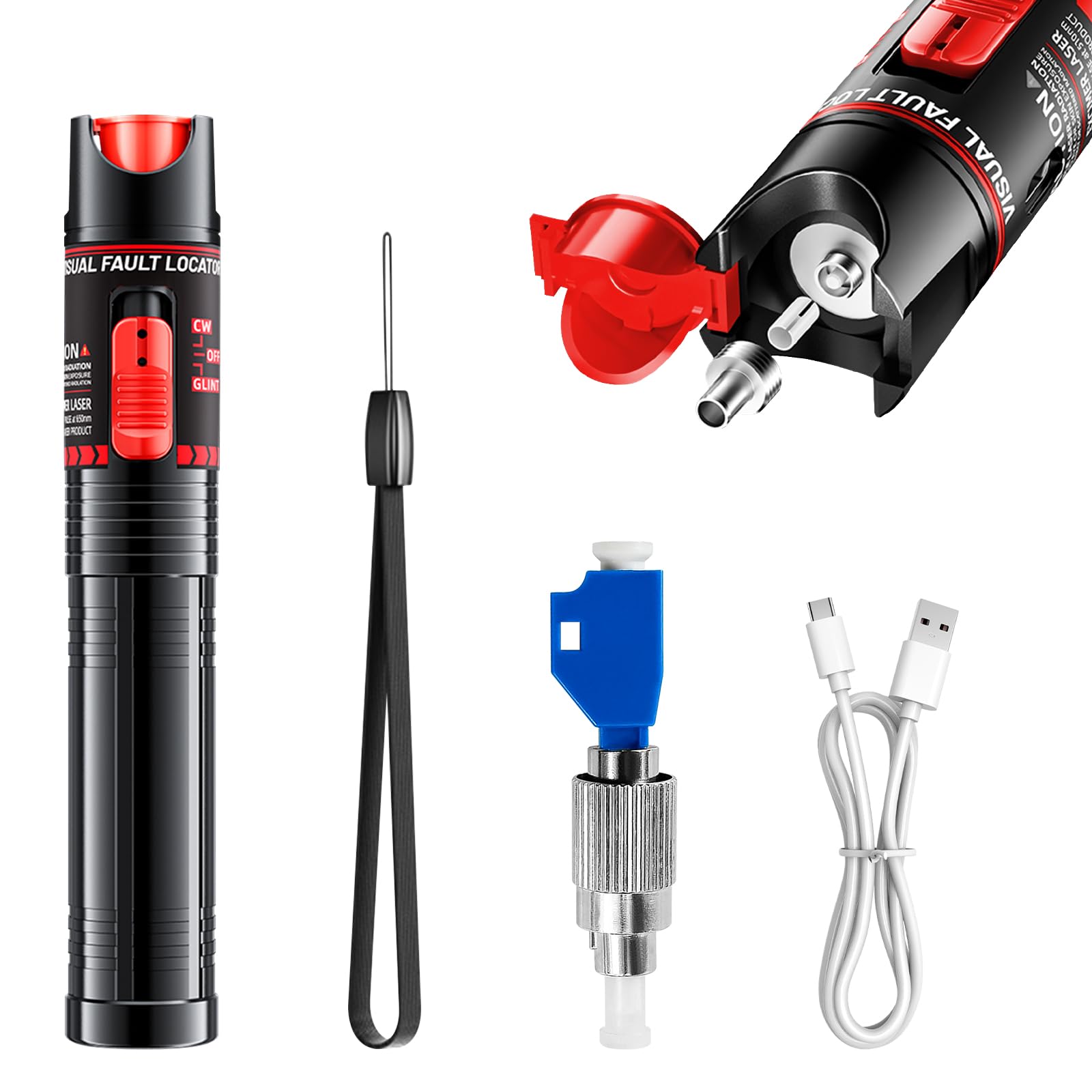 Localisateur de Défauts Visuels Rechargeable 100 KM, Testeur de Câble à Fibre Optique avec Adaptateur FC Mâle vers LC Femelle de 2,5 mm, Testeur de Source Lumineuse pour Connecteurs LC/FC/SC/ST