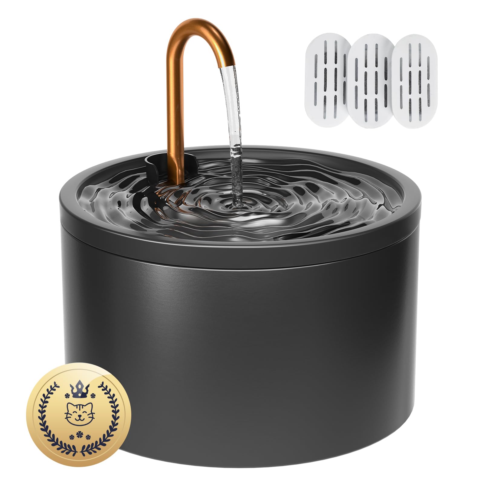 MISFANS Ceramic Cat Water Fountain - 2.1L/71oz - All-Ceramic Body & Pure Copper Water Spout - Non-Toxic - Automatic Pet Drinking Fountain Indoor with Ultra-Quiet Pump, and 3Pcs Filter & Sponge (Black)