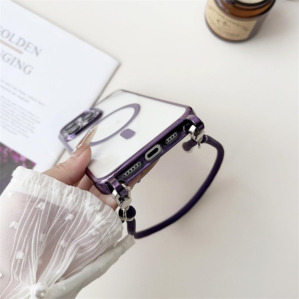 Umhängeband mit Handgelenkschlaufe, magnetische Handyhülle für iPhone 16 15 14 13 12 Pro Max 14 15 16 Plus, kabellose Ladebeschichtung, transparente Abdeckung, Silber, für iPhone 16