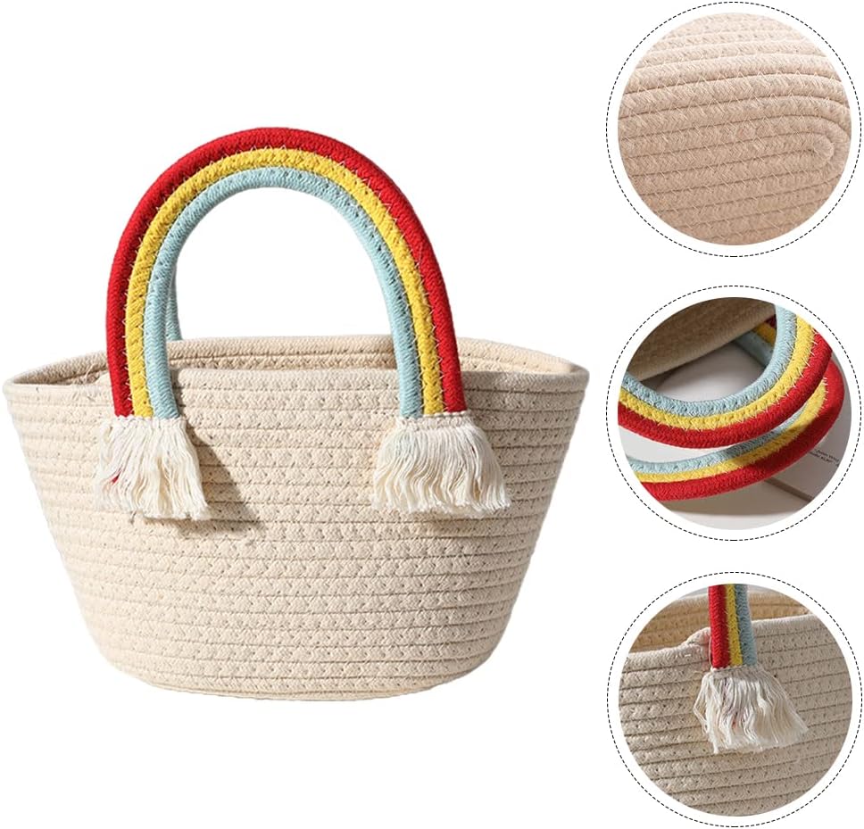 LUOZZY Woven Basket with Rainbow Handle Portable Storage Basket Handbag with Tassel for Nursery Room Toys Books Organization (Random Handle Color) (Pack of 2)