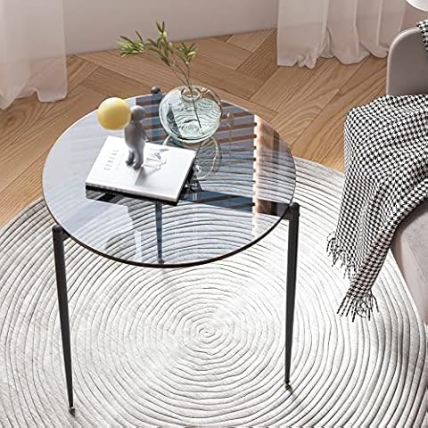 FATIVO Small Round Glass Side Table: Modern Accent Tables Circle Diameter 50cm Slim Nightstands Gray Tinted Tempered Glass Top with Black Metal Frame for Home Office Decorative Cover