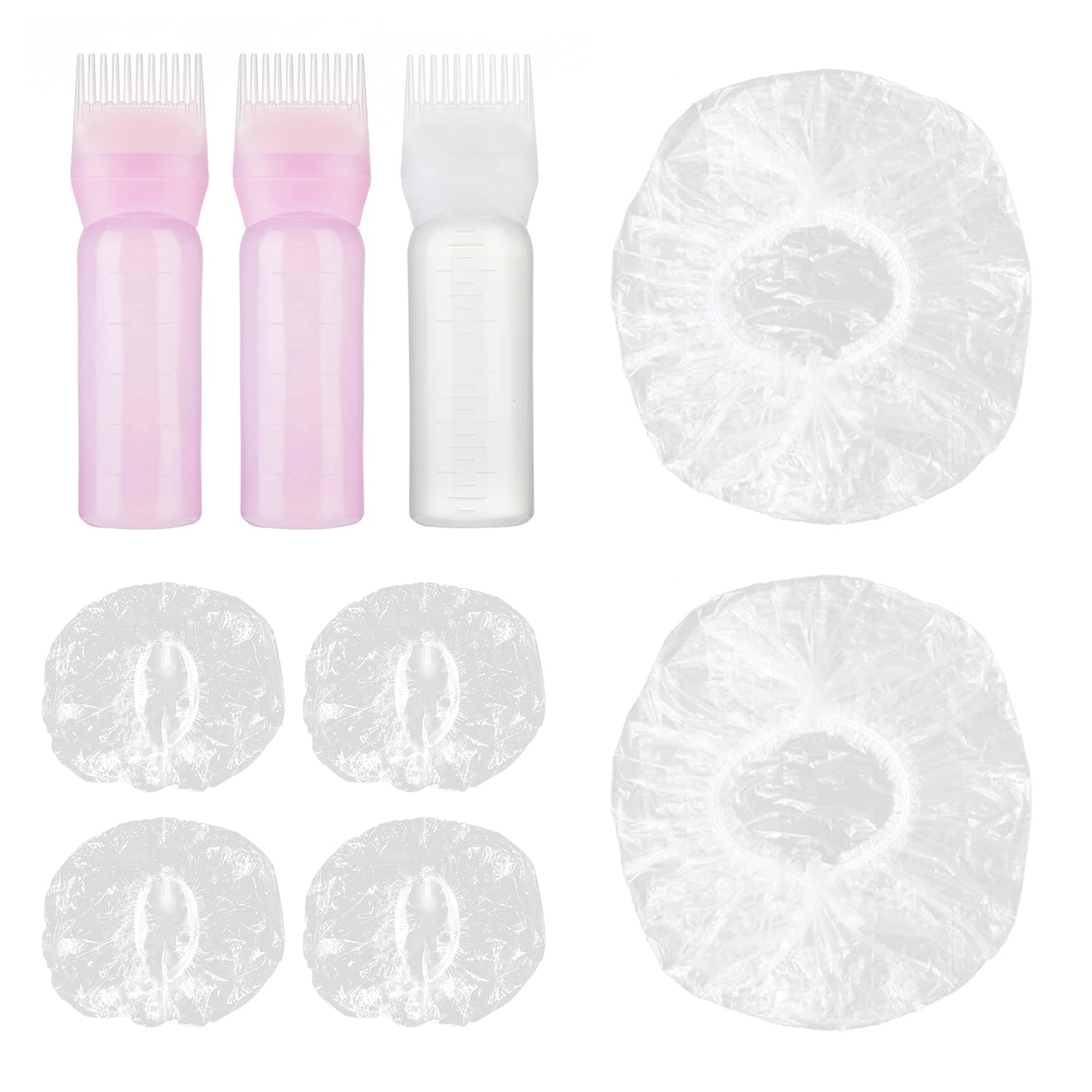 3 piezas botella de peine de tinte para el cabello, con 2 gorros de ducha y 2 pares de orejeras impermeables, aplicador de peine de raíz, herramientas de peluquería con escala (120 ml)