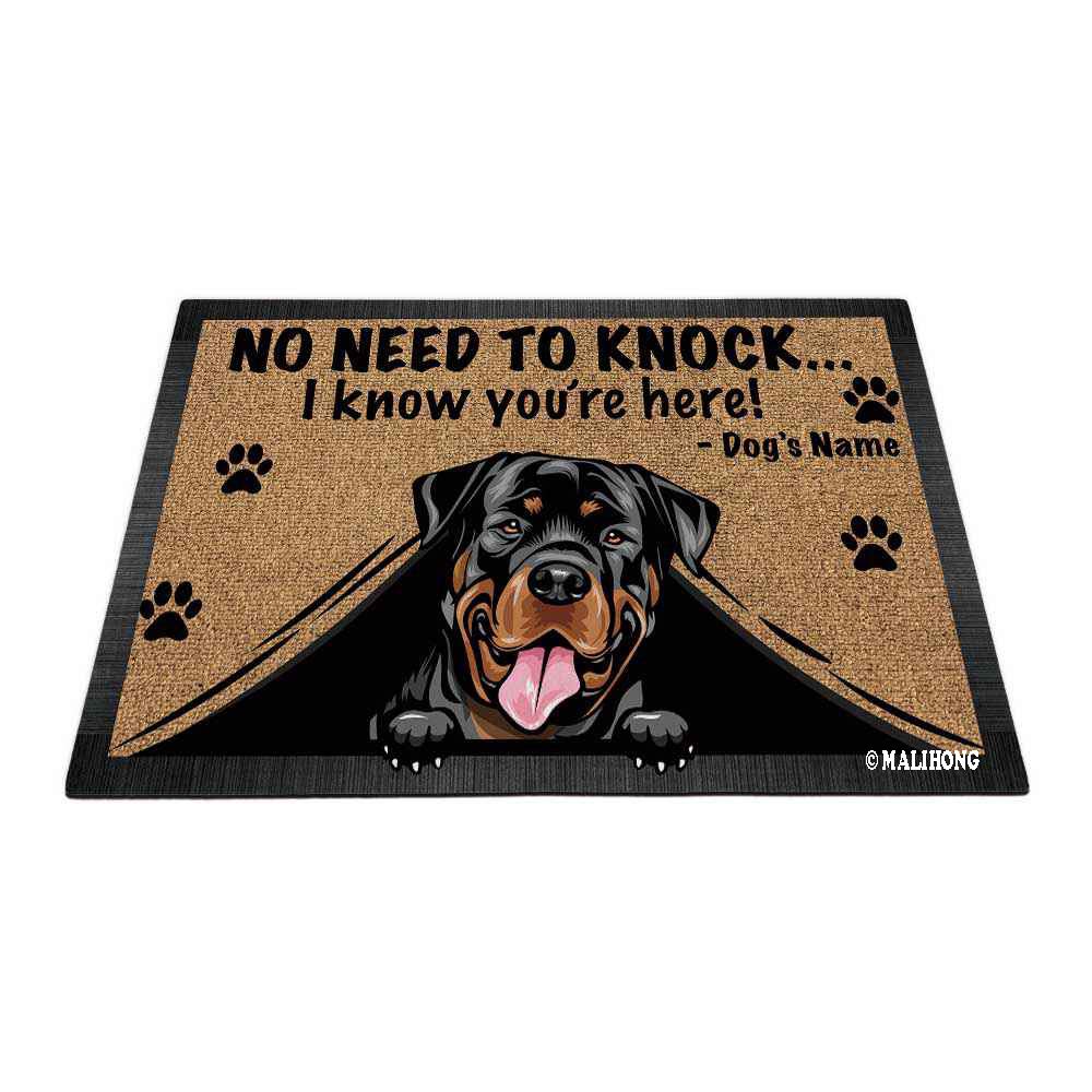 BAGEYOU Personalized Doormat Cute Peeking Dog Rottweiler No Need to Knock I Konw You're Here Floor Mat 27.5 x 17.7 Inch
