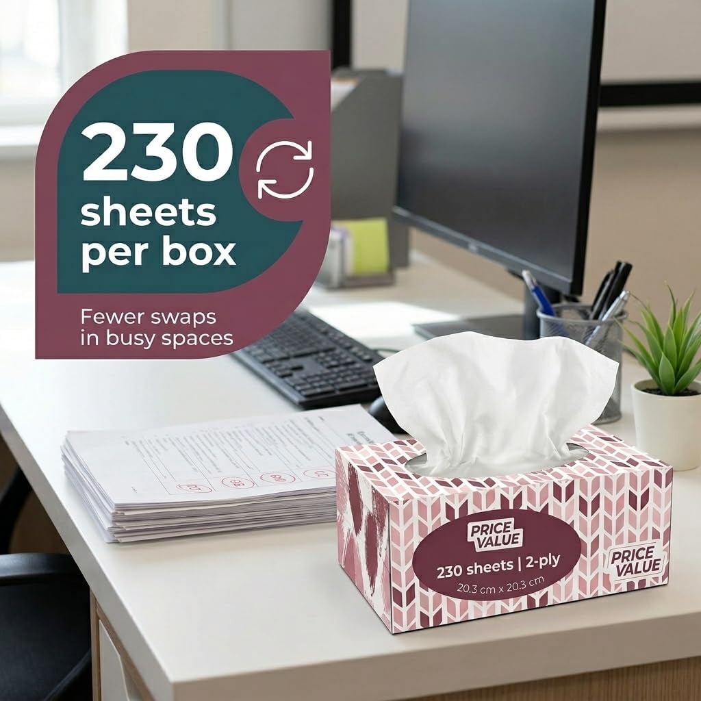 Price Value Facial Tissues boxes 230 Sheets Per Box 8 Boxes. Premium Soft Gentle and Durable in A Stylish Box - 1,840 Sheets