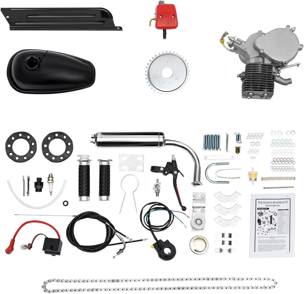 BYGOVICE Bike Motor Kit, 100cc Motorized Bike Kit, 2 Stroke Bicycle Engine Kit, Single Cylinder Gasoline Engine for 26-inch or 28-inch Bicycles with V-Shaped Frames