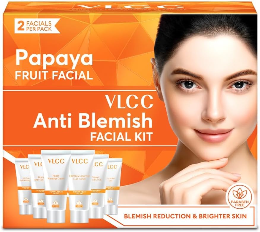 VLCC Papaya Fruit Facial Kit Glowing, Blemish Free Skin | With Papaya, Cucumber, Peach, and Orange Peel Extracts | Glowing at Home Facial Kit - 60g