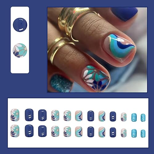 Miniatura 2 de Uñas postizas cuadradas cortas acrílicas azules falsas con diseños de rayas de flores, purpurina artificial, cubierta completa, pegamento en barra