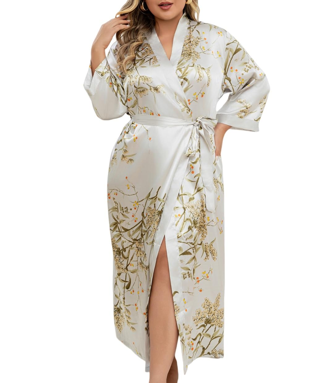 Genérico Bata de Satén de Lujo para Mujer,Bata Larga con Cuello en V y Estampado Floral Blanco,Albornoces Cárdigan Suave y Cómodo para Bodas y Fiestas de Compromiso.