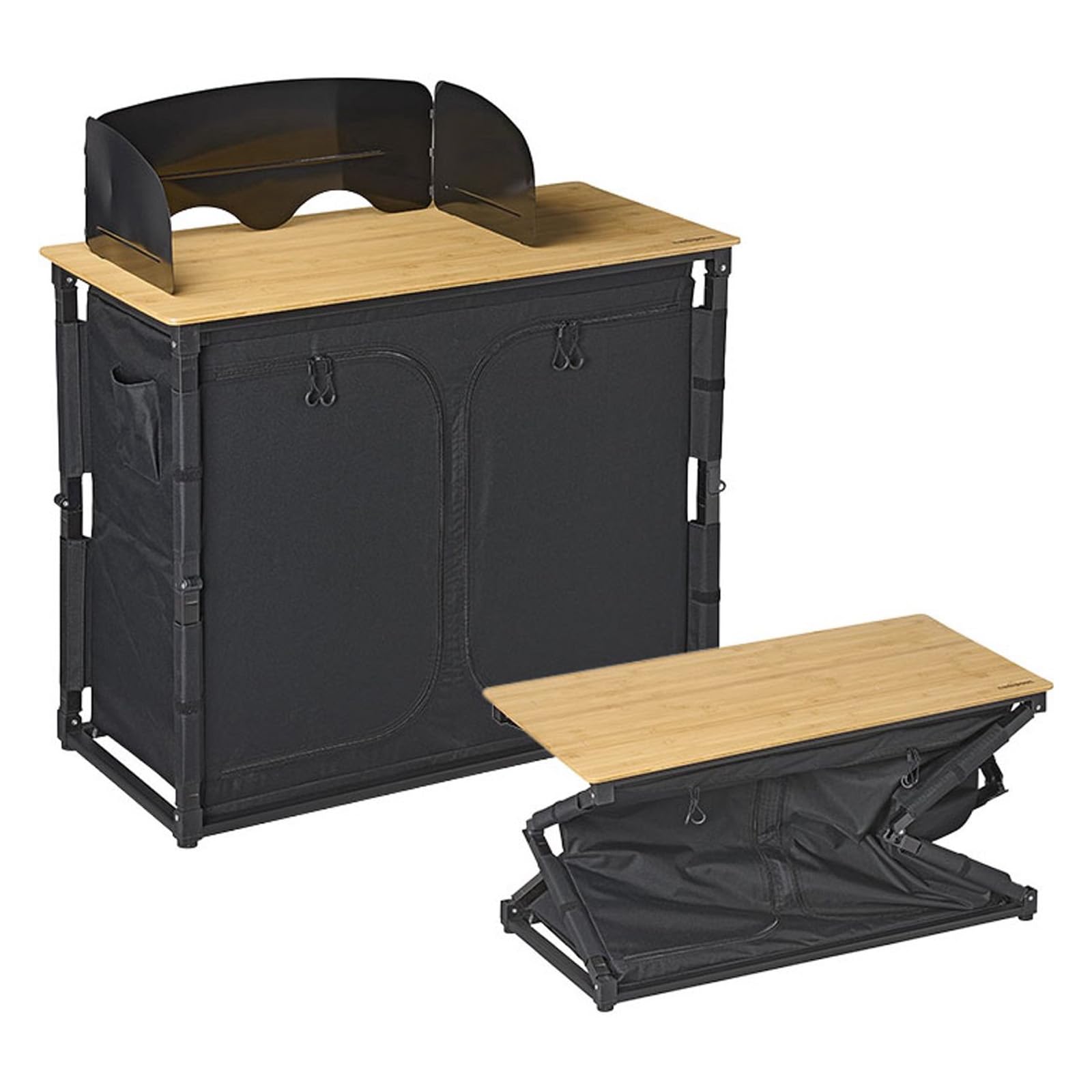 Campout Küchenzeile - 100 x 49 x 82,5 cm - Faltbare Campingküche - Outdoor Küche - Zusammenklappbare Campingschrank - Klappbar mit Stauraum - Platz für Gasflasche - Inkl. Tragetasche - Bambus