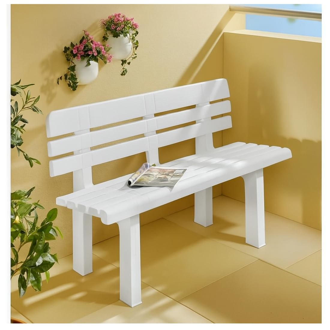 Acomoda Textil – Banco de 2 Plazas 110x52x71 cm para Jardín, Terraza o Balcón con Respaldo. Banco Blanco Cómodo, Impermeable, Ergonómico, Ligero y Resistente para Espacios Interiores y Exteriores.