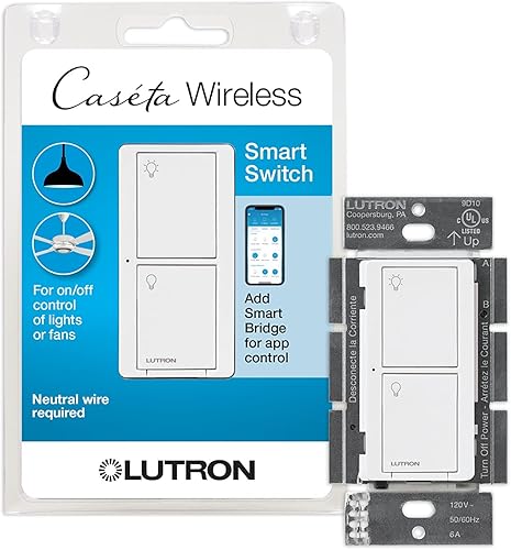 Lutron Caséta - Interruptor inteligente para hogar, funciona con Alexa, Apple HomeKit y Google Assistant. 6 amperios, para ventiladores de techo,