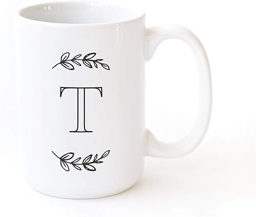 The Cotton & Canvas Co. Manhattan Wreath - Taza de café personalizada con monograma inicial letra T de porcelana, taza de café de cerámica. Para