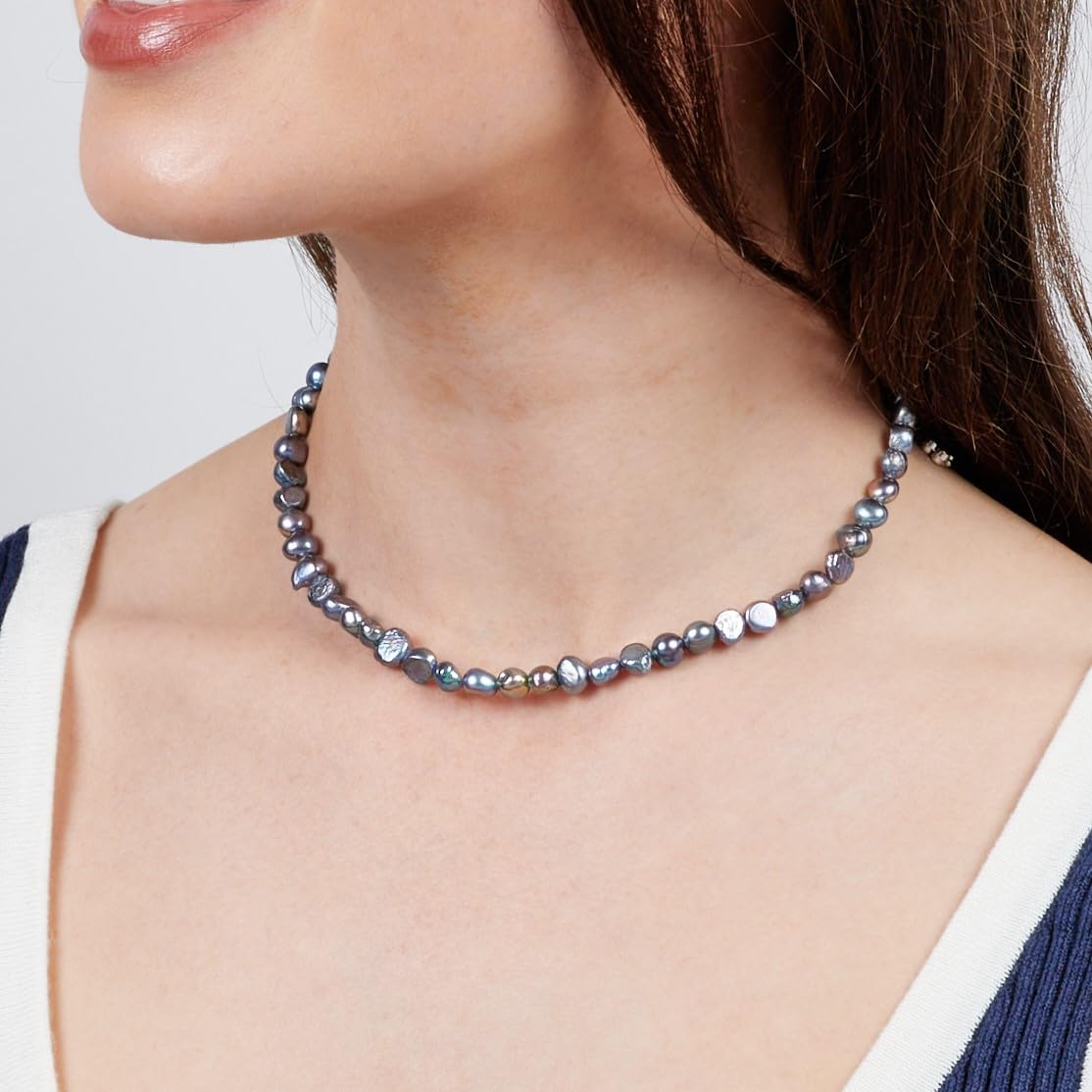Collier de perles fait main pour femmes Perle baroque 7mm - Longueur du collier : 39.5cm + 5cm de rallonge (Noir)