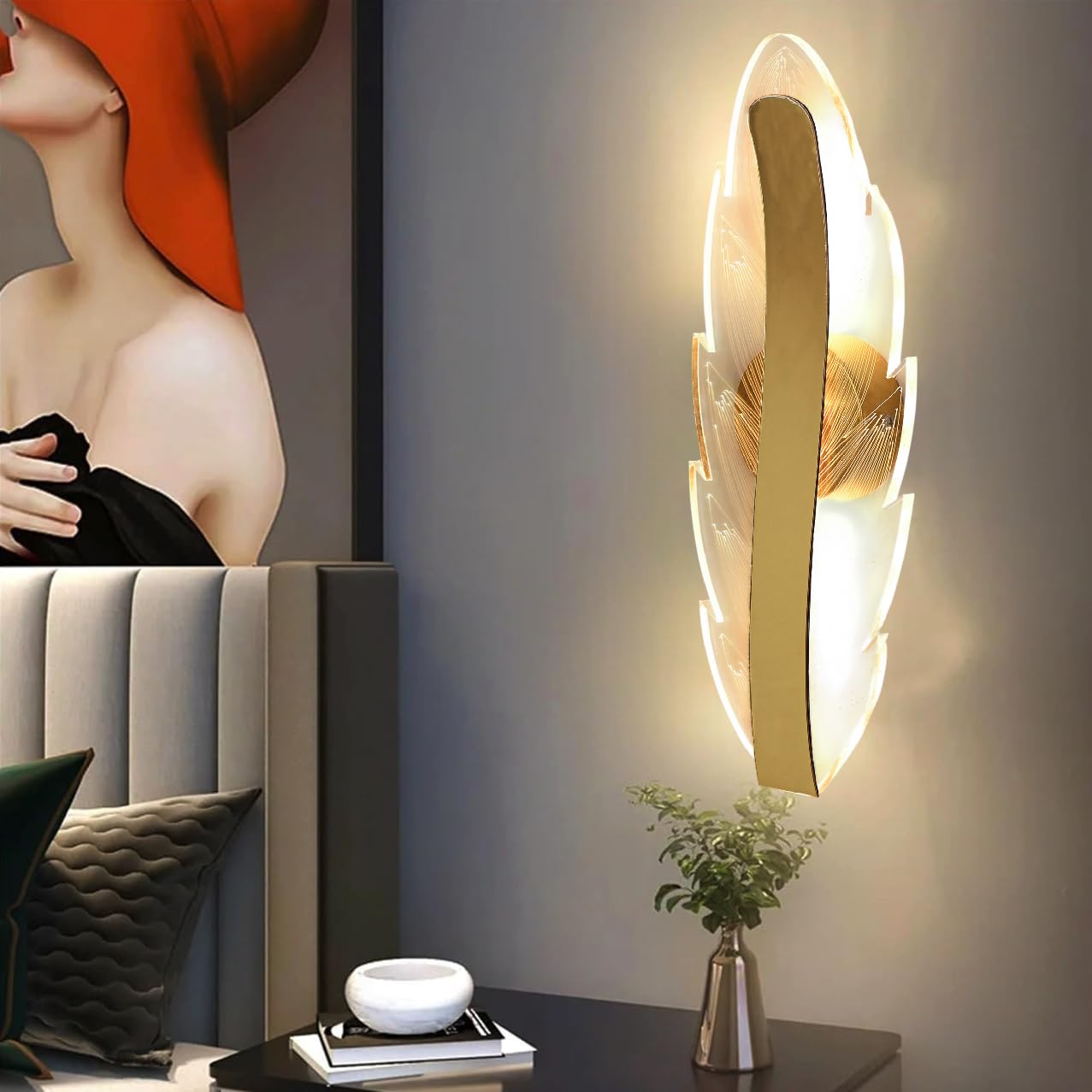 Groeien 15W Modern LED Acrylic Artistic Leaf Design Wall Sconce Gold Wall Light for Bedroom Living Room Corridor Lighting Fixtures Wall Mount (1, Leaf-Gold)-image-20