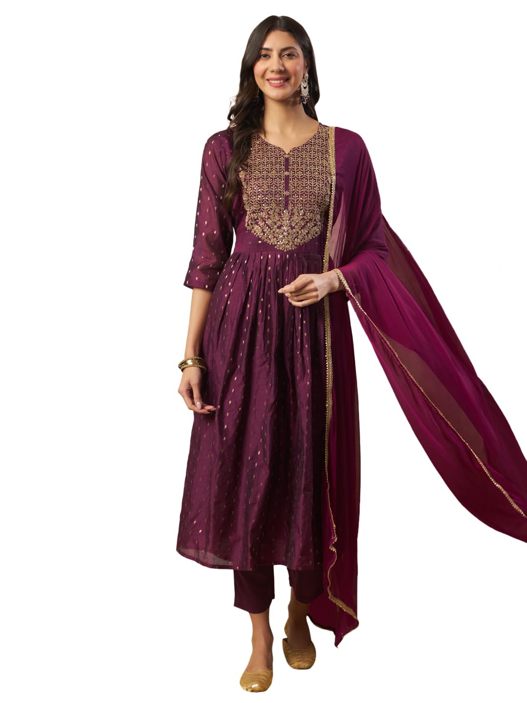 VredeVogel Women's Cotton Silk Flared Kurta with Pant and Nazmin Dupatta Set