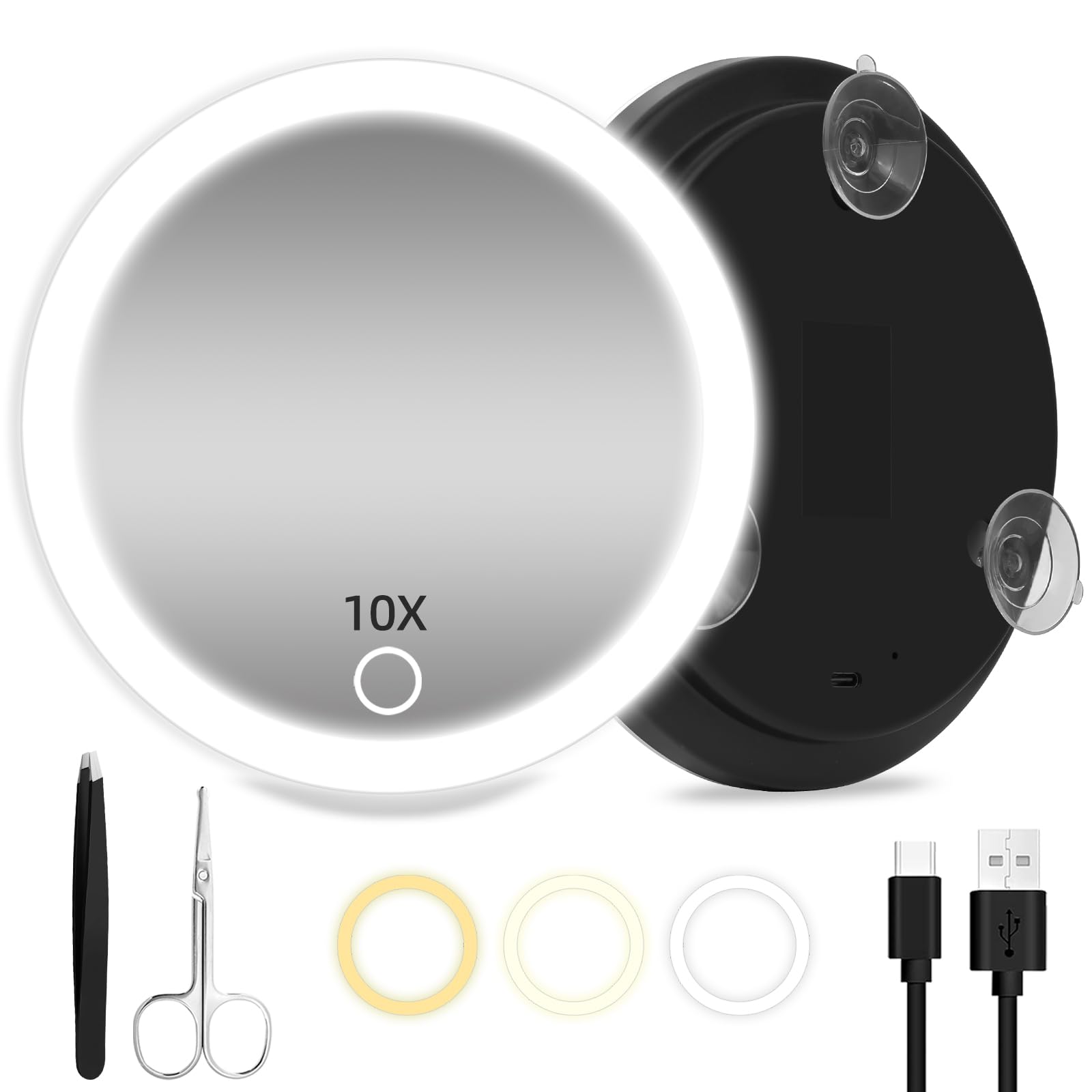 Specchio ingranditore 10X con luci, specchio ingranditore per il trucco illuminato ricaricabile da 15 cm, ingrandimento da viaggio portatile 10X per lavori dettagliati