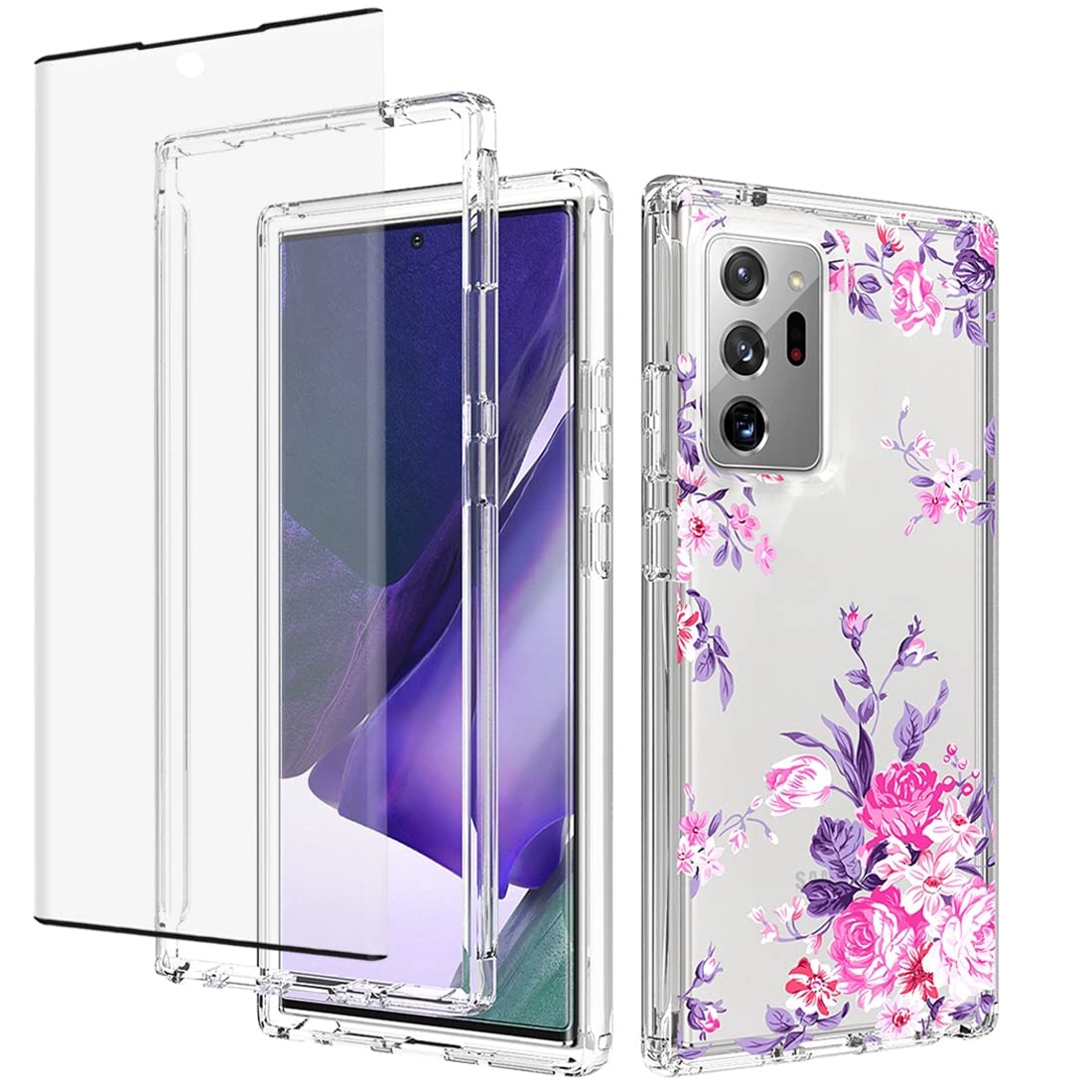 Jhxtech for Galaxy Note 20 Ultra 5G Case, SM-N986B Case with Tempered-Glass Screen Protector, Cute Clear Floral Pattern Full Body Protective Cover Cases for Samsung Galaxy Note 20 Ultra (Rose Flower)
