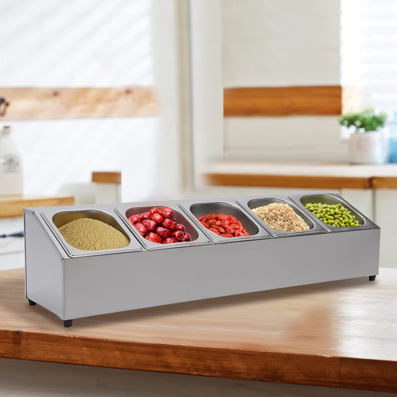 Portaspezie monopetto in acciaio inox con 5 contenitori 1/6 per barattoli di spezie, armadietto da cucina, organizzatore di spezie smussato per spezie, salse, marmellate, frutta e altri