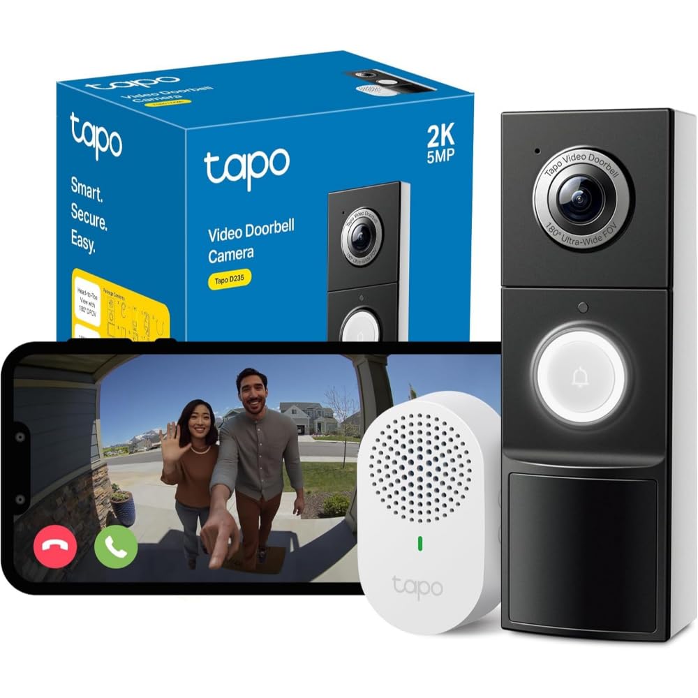 TP-Link Tapo Smart Video Doorbell Camera with Chime, Battery or Wired, 2K 5MP Color Night Vison, No Monthly Fee, 180° Ultra-Wide Head-to-Toe View, Free AI Detection, Cloud & Local Storage (Tapo D235)