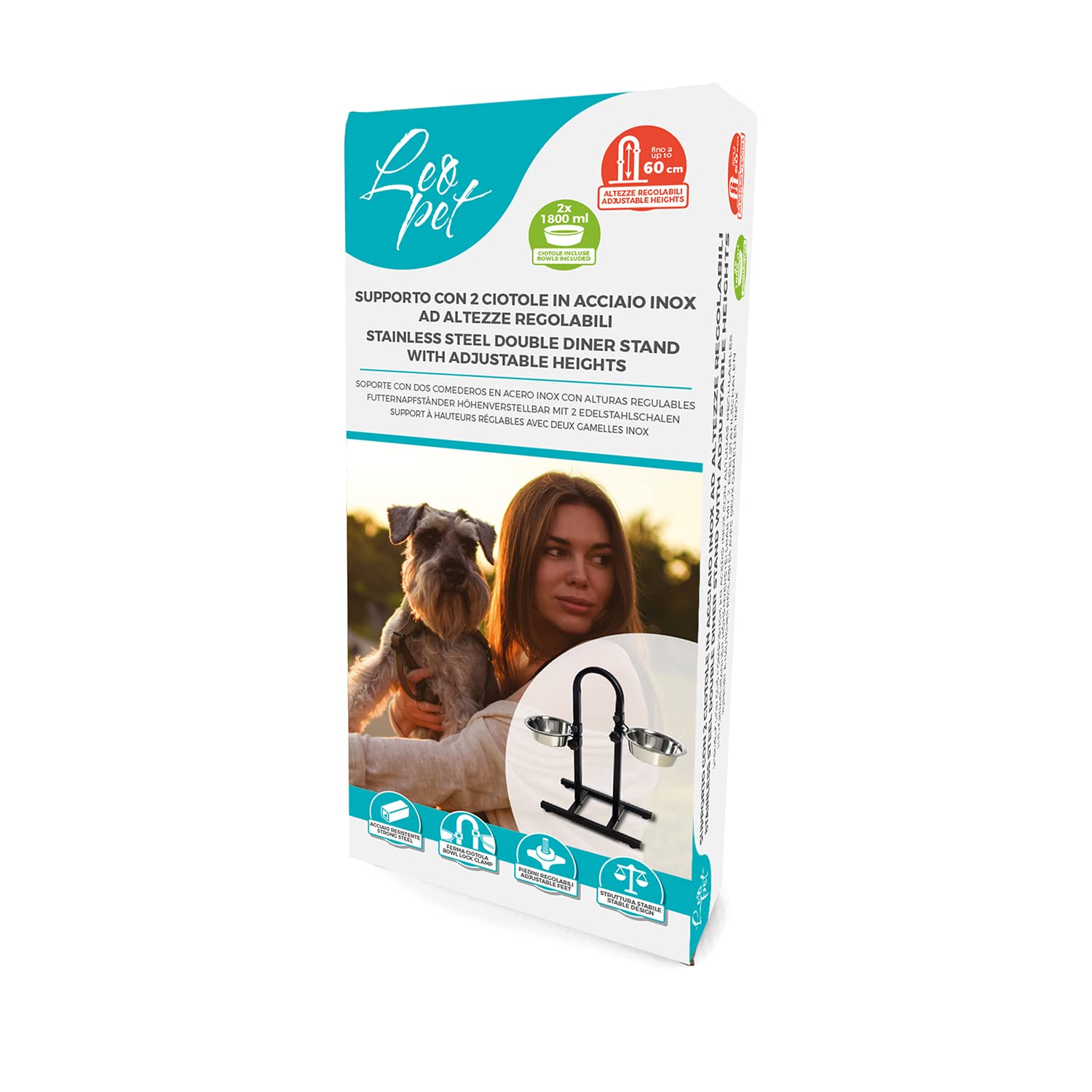 Leopet Supporto Rialzato ad U Regolabile con 2 Ciotole 1800 ml. in Acciaio Inox Altezza 60 cm