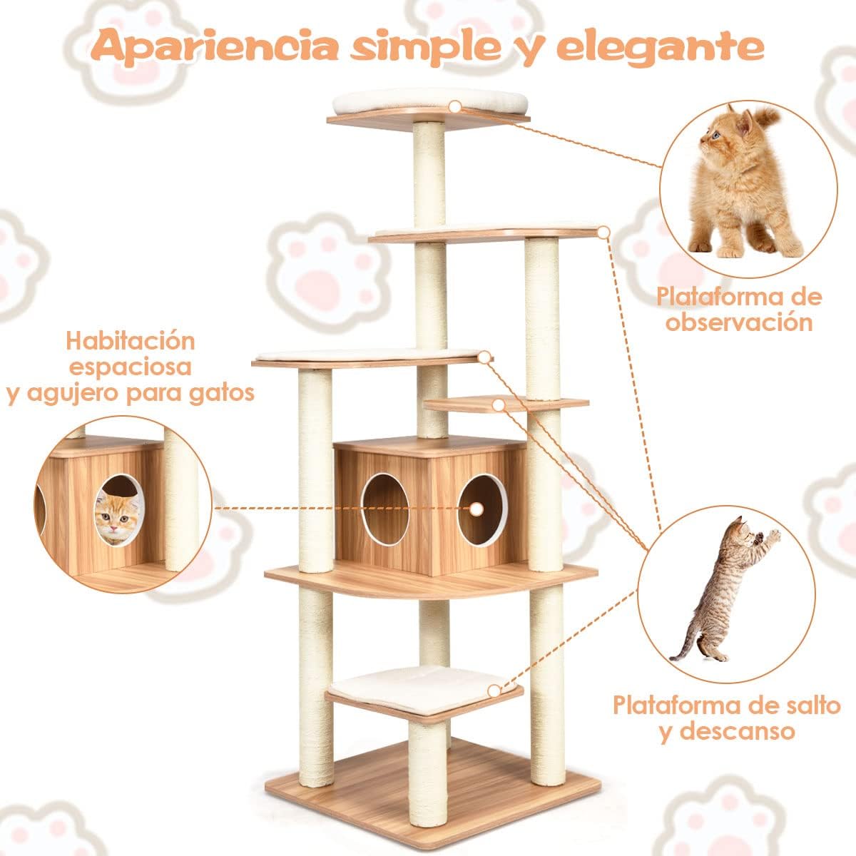 COSTWAY Árbol Rascador para Gatos de 175 cm, Torre para Gatos de Madera, con Plataformas Multiniveles, Rascadores y Columnas de Cuerdas de Sisal, Casa para Gato Recubierta en Tejido Afelpado, Natural