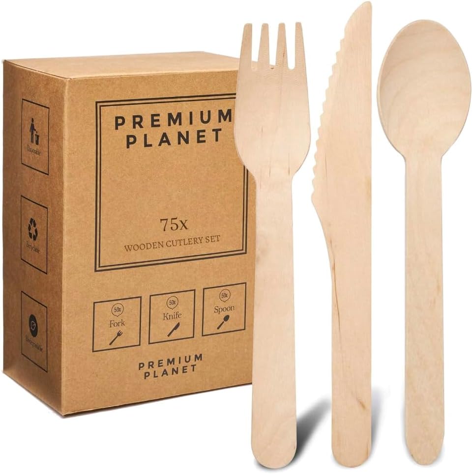 Wooden Cutlery Set | Forks, Knives and Spoons | 100% Biodegradable | Large and Sturdy | Bamboo Cutlery (75 Pieces)