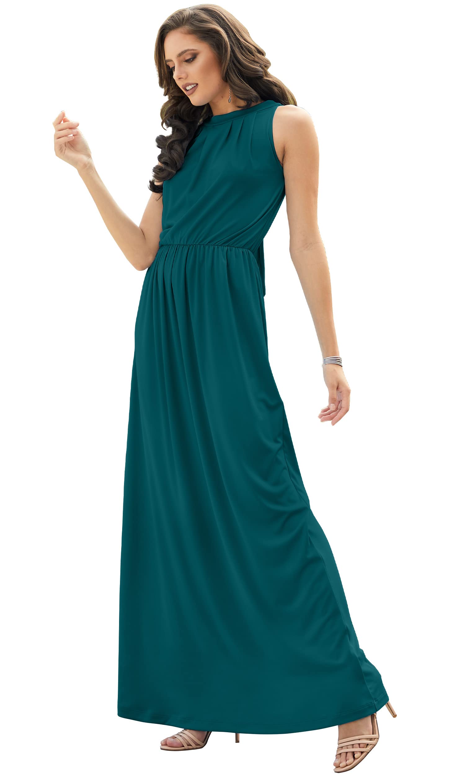 Photo 1 of KOH KOH Petite Womens Long Sleeveless Bridesmaid Halter Neck Wedding Party Guest Flowy Slimming Semi Formal Elegant Gala Ball Evening A-line Tall Gown Maxi Dress, Blue Green Jade S 4-6
