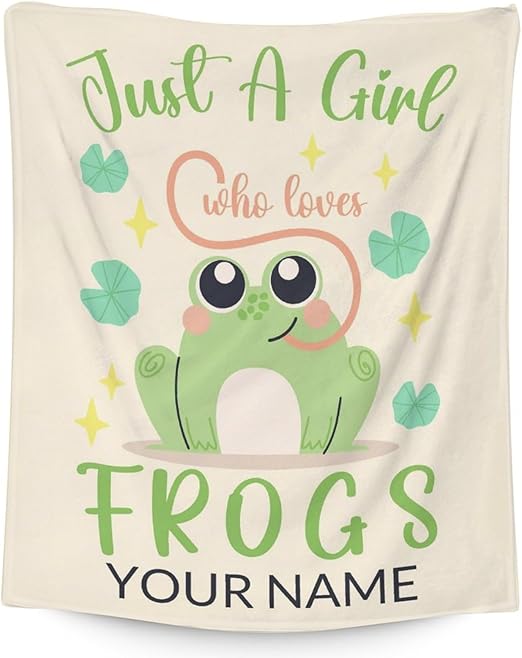 Personalized Frog Blanket Gifts with Name - 50x60 Inches Cute Throw for Girls - Green Soft Fuzzy Blankets for Bed, Couch & Living Room